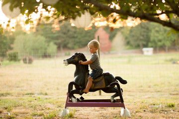 Boy on toy pony under a tree outside