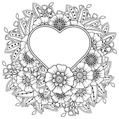 Mehndi flower with frame in shape of heart for henna, mehndi, tattoo, decoration. decorative ornament in ethnic oriental style. doodle ornament. coloring book page.