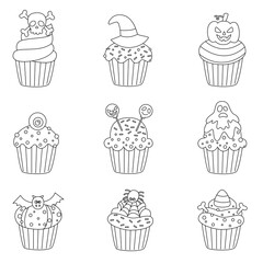 Set of black and white Halloween cupcakes. Vector illustrations.