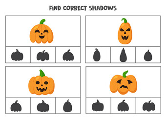 Find correct shadow of Halloween pumpkins. Printable clip card games for children.