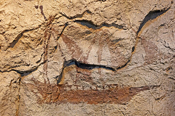 Cave paintings (Parietal art), prehistoric art on cave walls and ceilings of Pee huo toe cave, Krabi province Thailand.