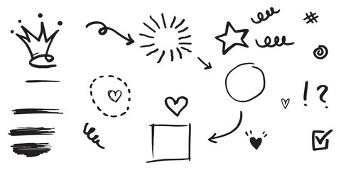 hand drawn set of curly swishes, swashes, swoops. Abstract arrows,  Arrow, heart, love, star, leaf, sun, light, crown, king, queen, on doodle style for concept design. vector illustration.