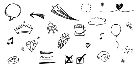 Obraz premium hand drawn set of curly swishes, swashes, swoops. Abstract arrows, Arrow, heart, love, star, leaf, sun, light, crown, king, queen, on doodle style for concept design. vector illustration.