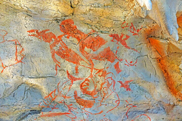 Cave paintings (Parietal art), prehistoric art on cave walls and ceilings of Pee huo toe cave, Krabi province Thailand.