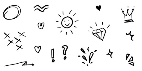 hand drawn set of curly swishes, swashes, swoops. Abstract arrows,  Arrow, heart, love, star, leaf, sun, light, crown, king, queen, on doodle style for concept design. vector illustration.