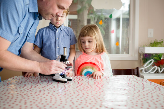 Father sets up microscope slide for children
