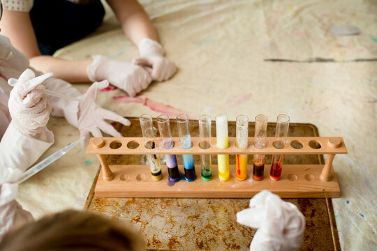 Rack of test tubes with colorful liquids 
