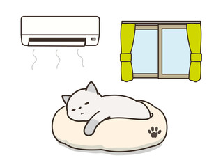 エアコンが付いた部屋で眠るトラ猫　熱中症対策