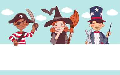 Cute kids in carnival costumes. Vector illustration
