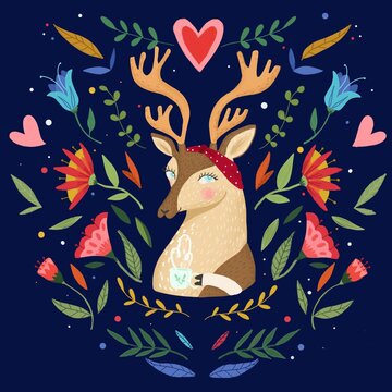 Cute deer drinking tea