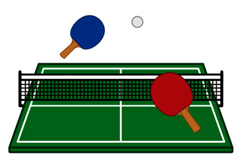 Angled Table Tennis Table With Paddles - Clipart Vector Illustration