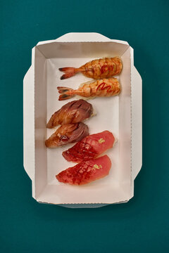 asian food modern Japanese sushi with Indian shrimp, tuna akami Japan, with salmon