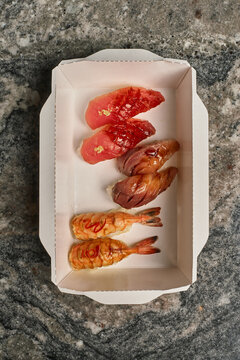 asian food modern Japanese sushi with Indian shrimp, tuna akami Japan, with salmon