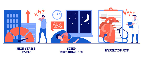 High stress levels, sleep disturbances, hypertension concept with tiny people. Stressful life abstract vector illustration set. Digital overload, mental health, high blood pressure, insomnia metaphor