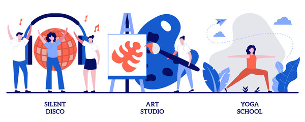 Silent disco, art studio, yoga school concept with tiny people. Modern recreation abstract vector illustration set. Active leisure, nightclub party, healthy lifestyle metaphor