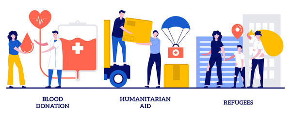 Blood donation, humanitarian aid, refugees concept with tiny people. Medical volunteer assistance abstract vector illustration set. Charity activities and community service works metaphor