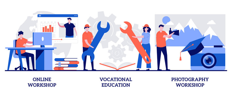 Online workshop, vocational education, photography workshop concept with tiny people. Internet learning abstract vector illustration set. Certificate gaining, photographer training courses metaphor