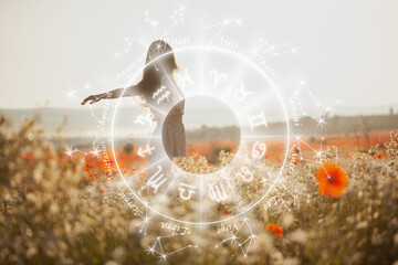 Beautiful girl in summer dress walks in a flower field and illustration horoscope