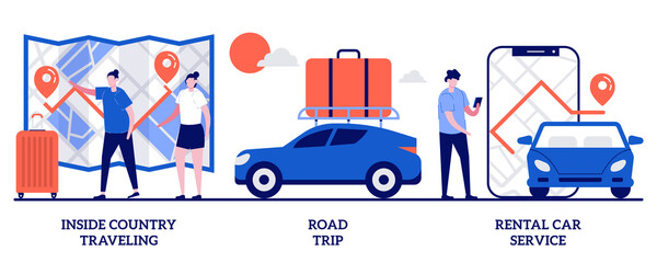 Inside country travel, road trip, rental car service concept with tiny people. Active holiday abstract vector illustration set. Low cost journey, weekend adventure, renting transport metaphor