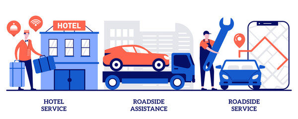 Hotel service, roadside assistance and service concept with tiny people. Roadside business abstract vector illustration set. Drive inn, car repair, 24 hour help, truck breakdown, flat tire metaphor