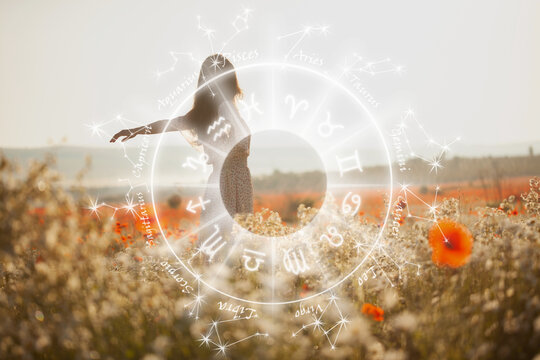 Beautiful girl in summer dress walks in a flower field and illustration horoscope
