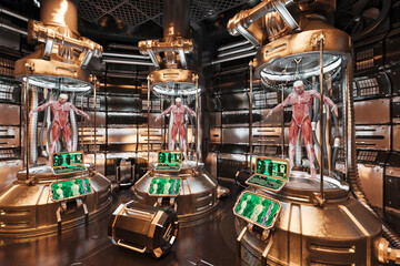 Male bodies in pods in futuristic laboratory, showing musculature