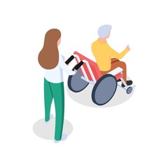 A girl is caring for an elderly man in a wheelchair. Concept of elderly care , nursing home. Vector illustration in isometric style. Isolated on white background.