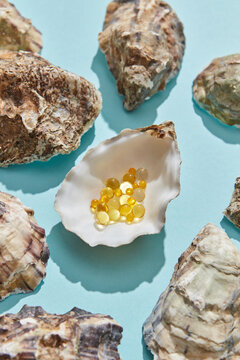 Closeup of pills in oysters shell