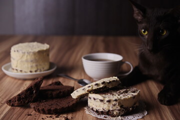 Brownie slices with buttercream on the table against the background of the cat lying there.
