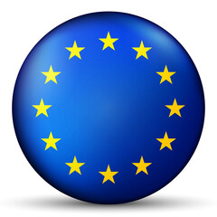 Glass light ball with European Union flag. Round sphere, template icon. EU national symbol. Glossy realistic ball, 3D abstract vector illustration highlighted on a white background. Big bubble - obrazy, fototapety, plakaty