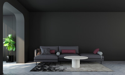 Modern living room and furniture decoration mock up design and black wall background texture