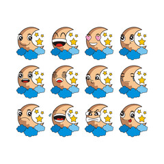 vector illustration of a crescent moon covered in clouds with a happy and funny facial expression