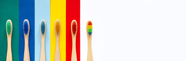 Set of eco-friendly, bamboo toothbrushes. Organic bathroom beauty products. Zero waste and plastic free concept. Environmental trends, sustainable lifestyle.