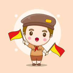 Cute Indonesian boy holding flags. Pramuka day concept cartoon character illustration