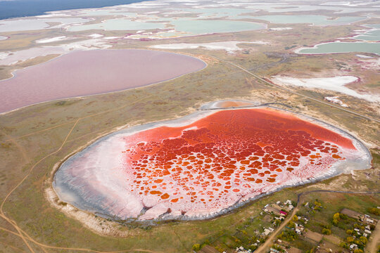Salt Pink Lakes in a steppe on the border of Russia and Kazakstan