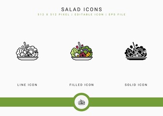 Salad icons set vector illustration with solid icon line style. Vegetarian diet food concept. Editable stroke icon on isolated white background for web design, user interface, and mobile application