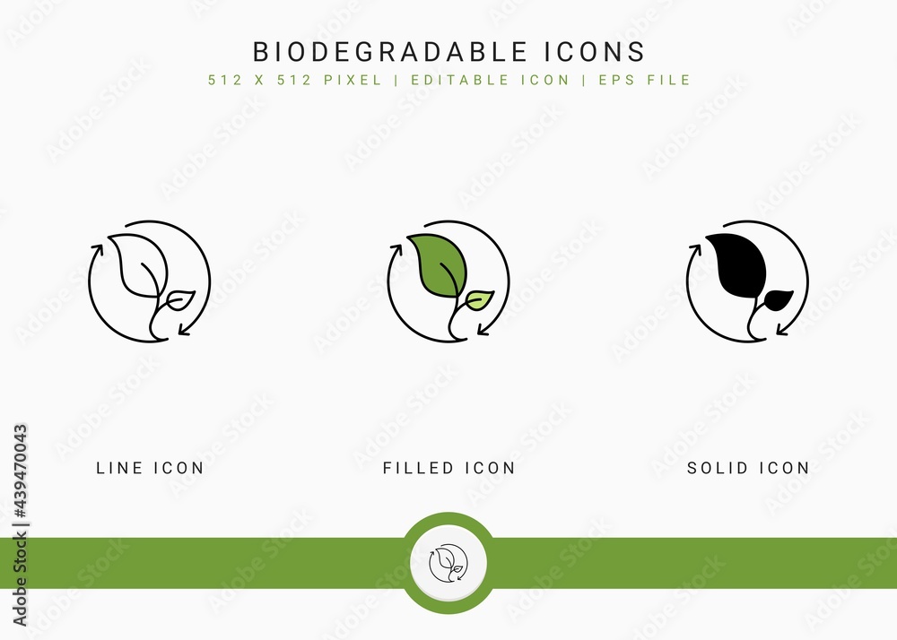 Poster biodegradable icons set vector illustration with solid icon line style. bpa free leaf concept. edita