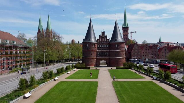 Famous Holstentor in the city of Lubeck Germany - aerial photography