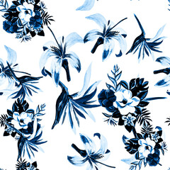 Navy Seamless Palm. Gray Pattern Textile. Blue Tropical Foliage. Azure Flower Painting. Indigo Watercolor Painting. Decoration Hibiscus. Cobalt Summer Exotic.