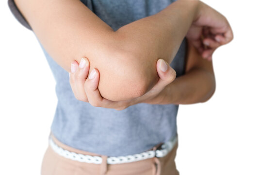 Woman hands on her elbow, she has elbow pain and muscle pain. Painful medical and health concepts