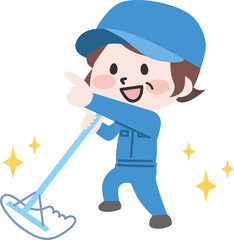 決めポーズをするシニア女性清掃員