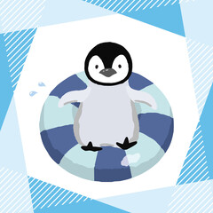 浮き輪で海に浮かぶペンギンのイラスト