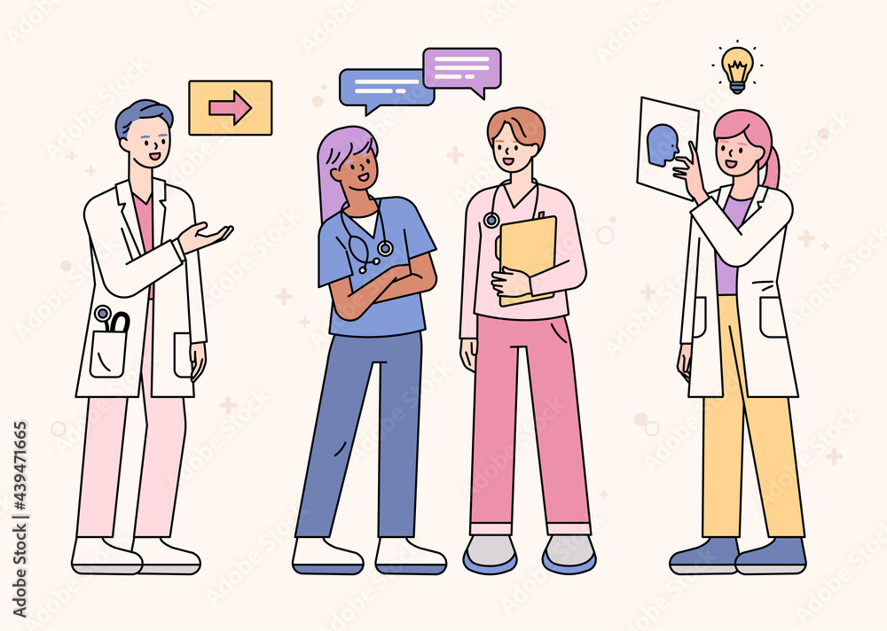 Poster a set of doctor characters in uniform having a conversation. outline simple vector illustration.