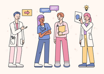 A set of doctor characters in uniform having a conversation. outline simple vector illustration.