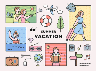People on vacation and vacation icon set composition in square frame. flat design style minimal vector illustration. © MINIWIDE