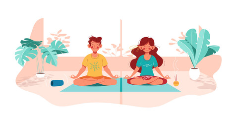 Fitness at home. Girl and boy. Yoga in lotus pose