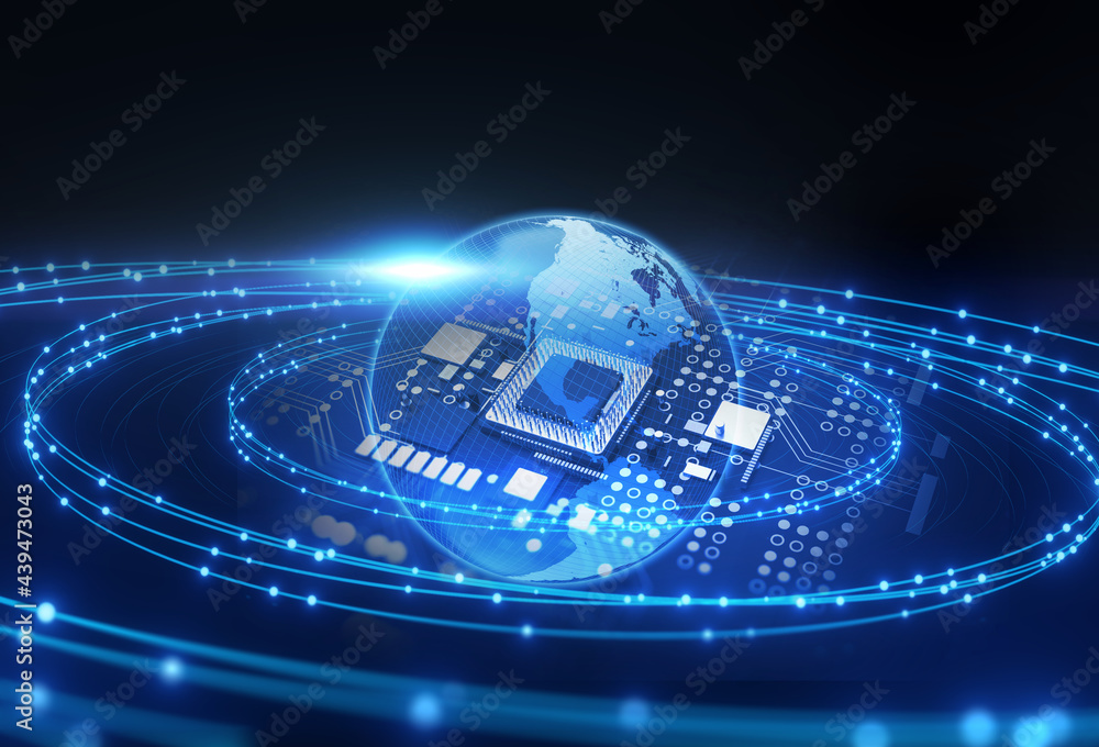 Poster 3d rendering  of futuristic blue circuit board and cpu