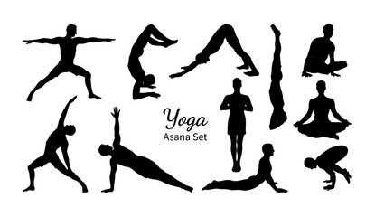 Yoga asana set. Set of male silhouettes exercising yoga. Hand drawn sketch vector illustration isolated on white background