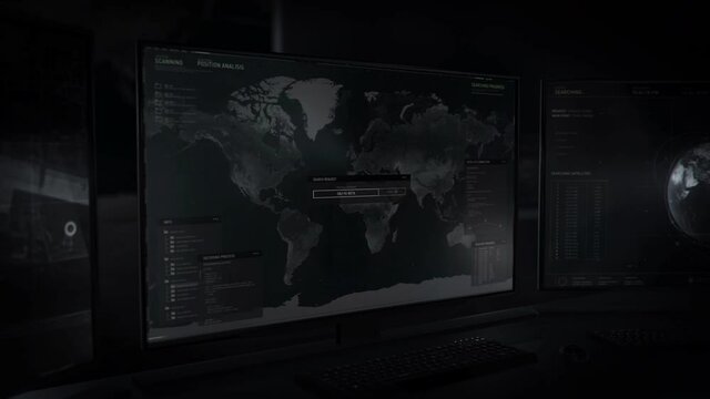 Booting up secret mission object tracking program. Gaining access to data from the whole world. Scanning the map. Analyzing Cairo, Egypt in Africa. Computer screens. Dark user interface.