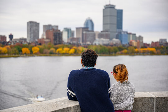 Happy Couple together Looking at Boston with Skyline view